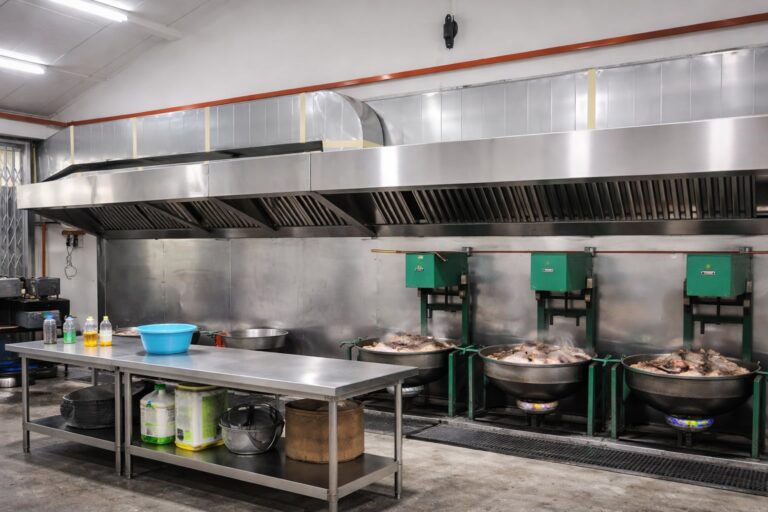 Stainless steel commercial kitchen exhaust hood system installed above multiple wok cooking stations in Malaysia