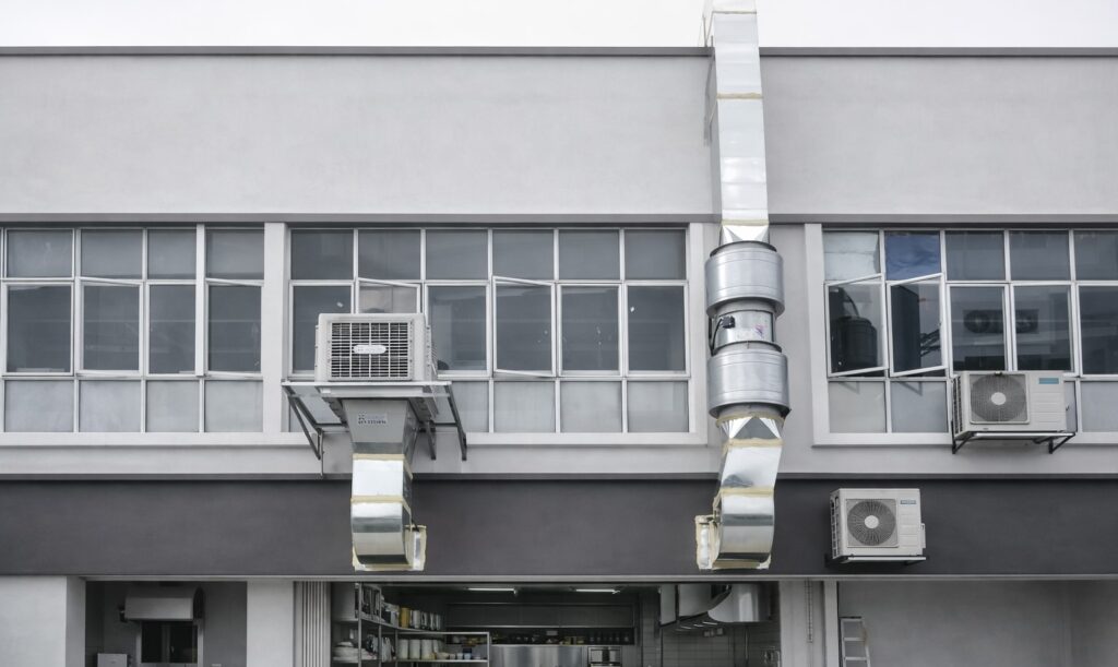 Commercial kitchen exhaust system with make-up air duct installation at shoplot in Malaysia