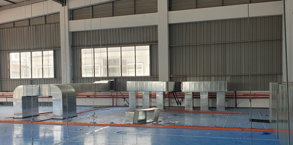 Factory ventilation duct installation for food processing facility in Klang