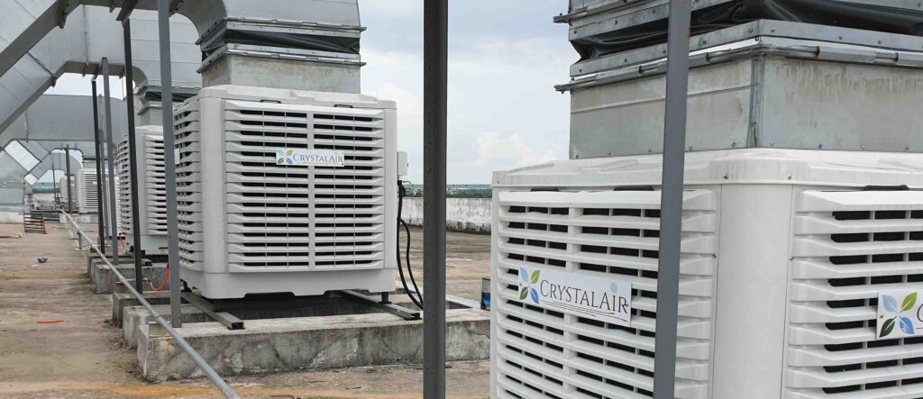 Multiple units of CrystalAir Air Cooler installed on rooftop for battery production factory in Kuantan.