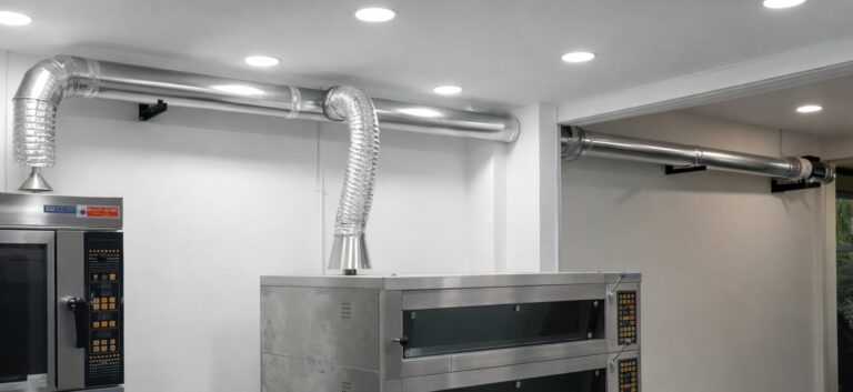 Round duct commercial kitchen exhaust system installation inside restaurant in Malaysia