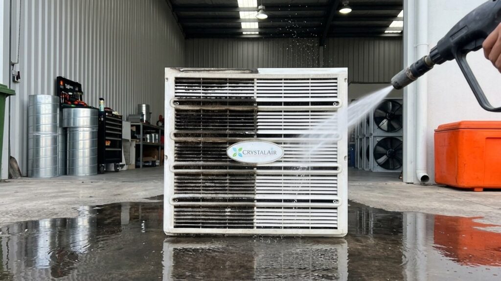industrial evaporative air cooler being cleaned with pressure washer
