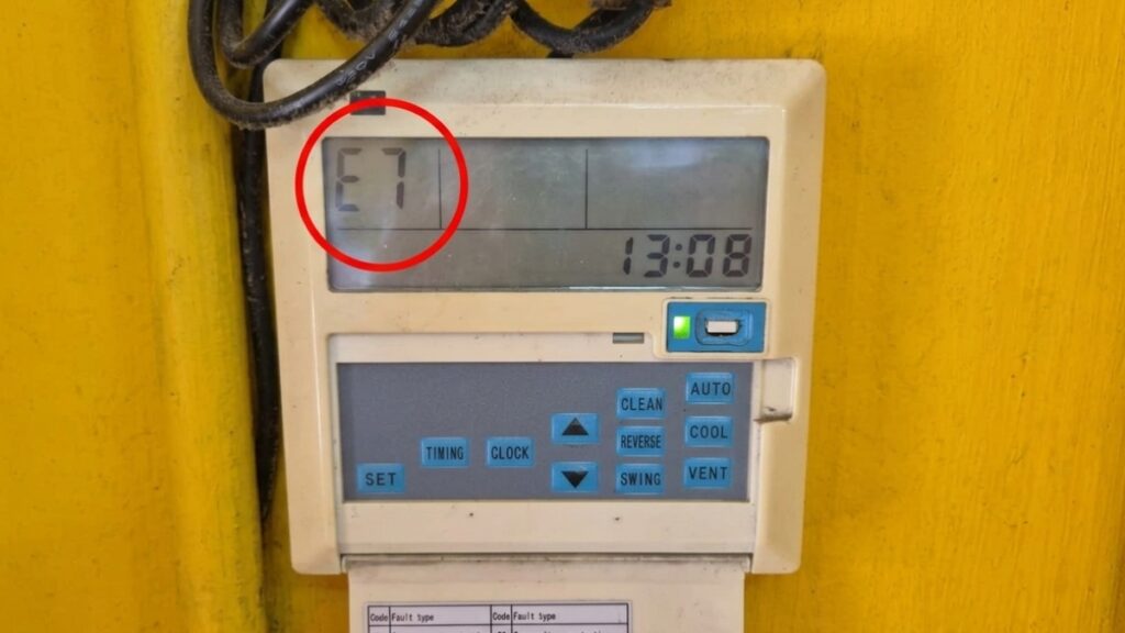 industrial air cooler control panel displaying E7 error code