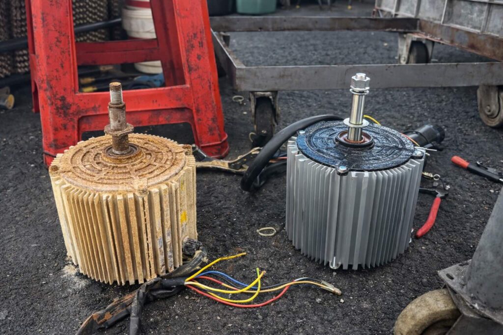 old damaged fan motor next to new replacement motor for industrial evaporative air cooler during repair