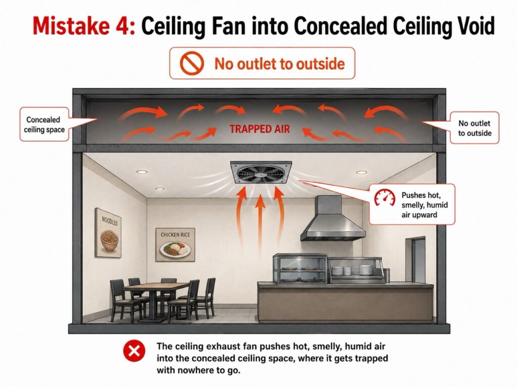 Ceiling exhaust fan discharging air into a concealed ceiling void with no outside outlet
