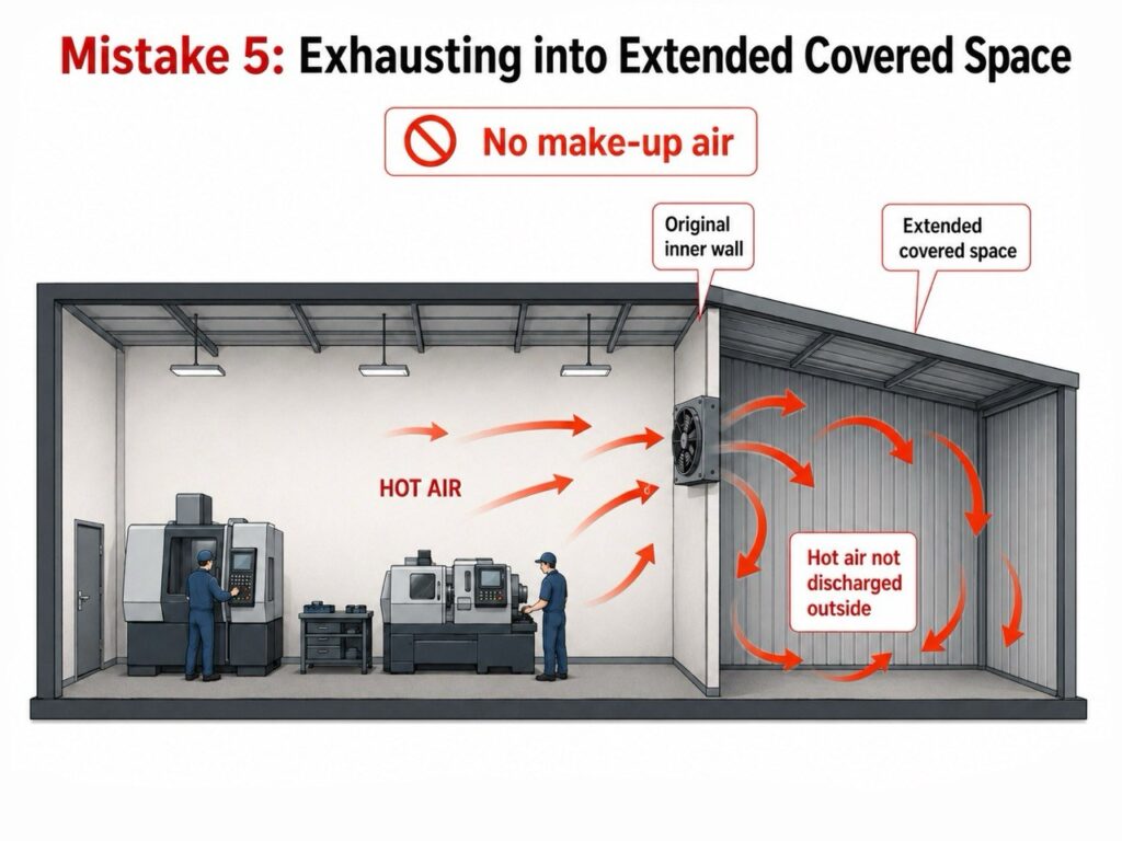 Factory exhaust fan discharging hot air into an extended covered space instead of outside