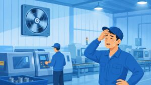 Cartoon illustration of a factory worker feeling hot on a closed production floor with an exhaust fan running