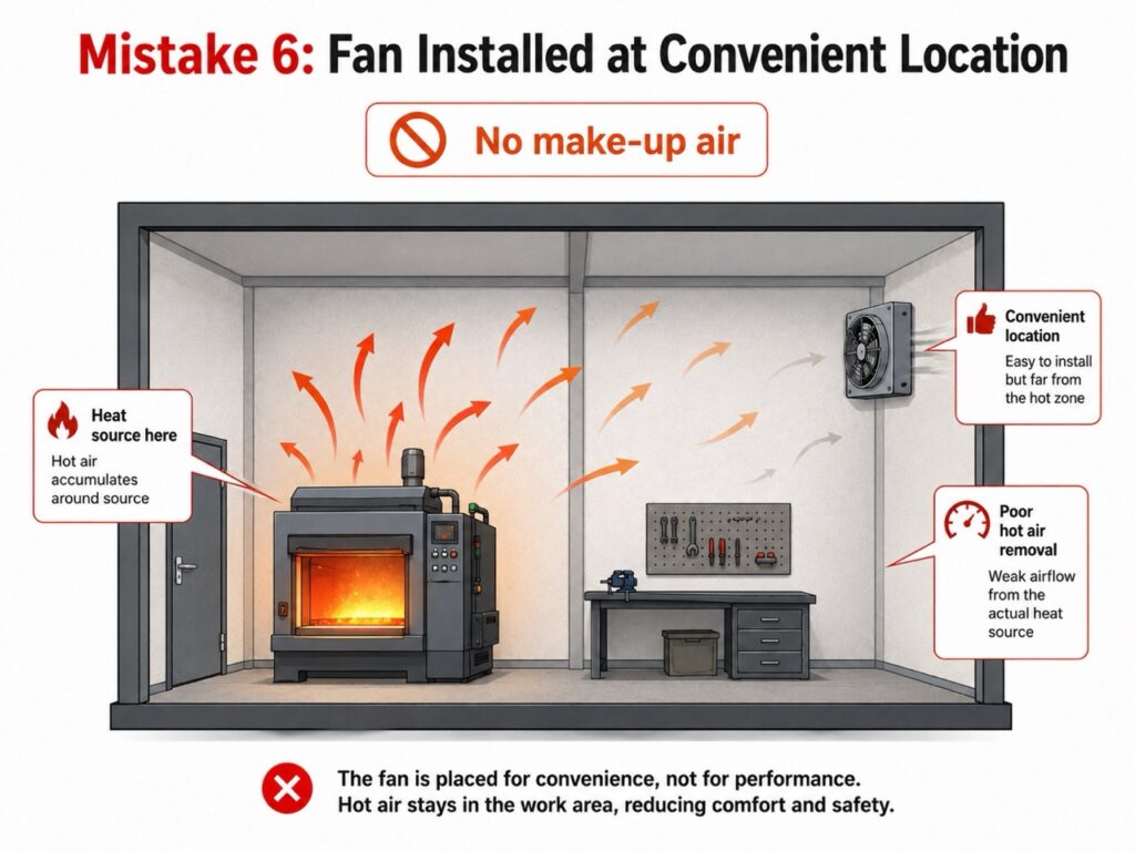 Exhaust fan installed at a convenient location instead of the hot air source