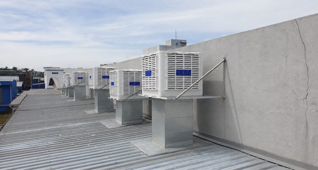 Rooftop industrial air coolers installed for a factory cooling system in Malaysia