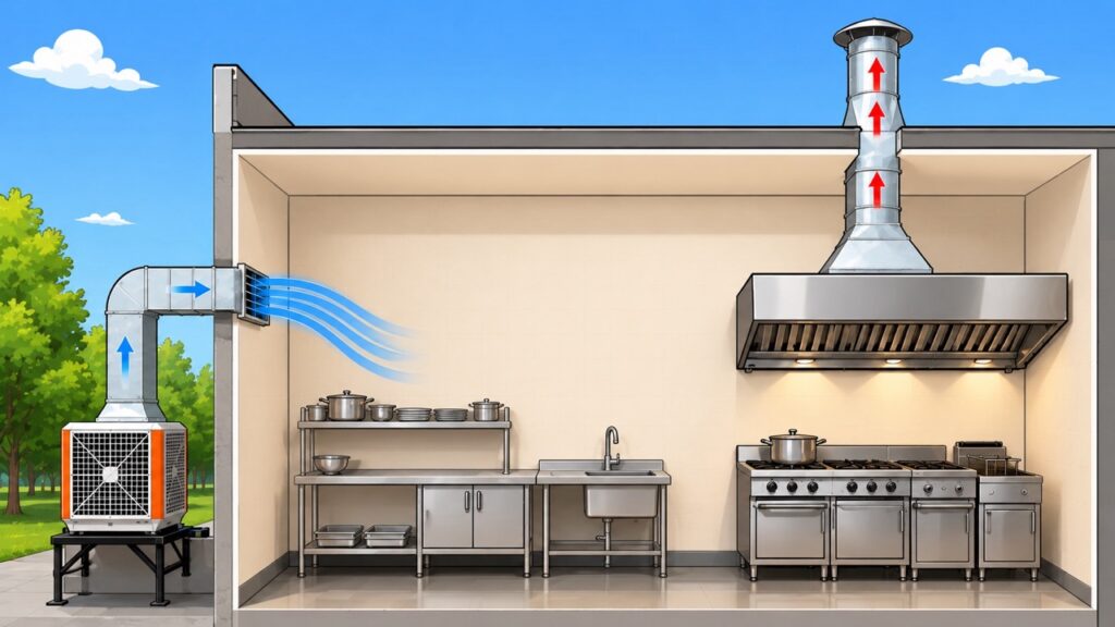 Commercial kitchen exhaust hood with make-up air supply for restaurant ventilation in Malaysia