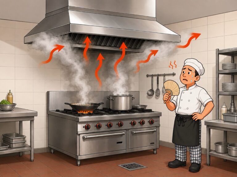 Poor make-up air causing smoke to escape from commercial kitchen exhaust hood