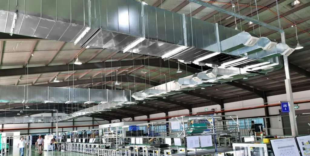Industrial HVAC ventilation and ducting system installed in a factory in Malaysia