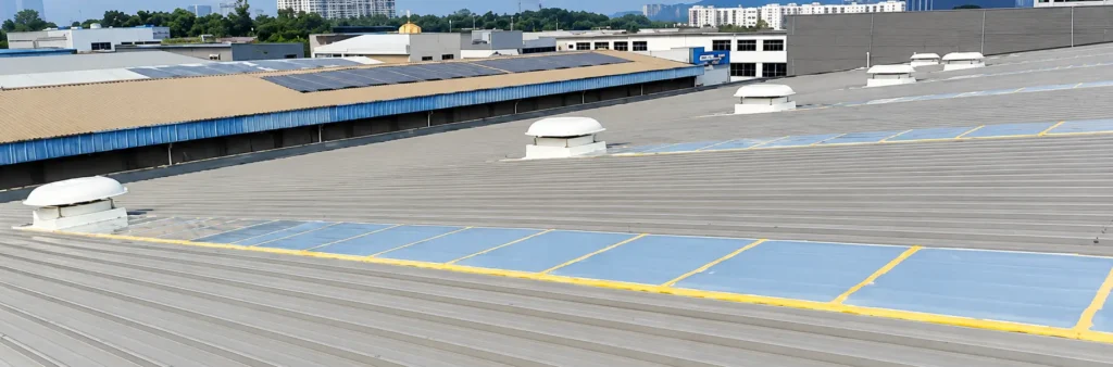 Powered rooftop exhaust fans installed on a factory roof for mechanical hot air extraction.