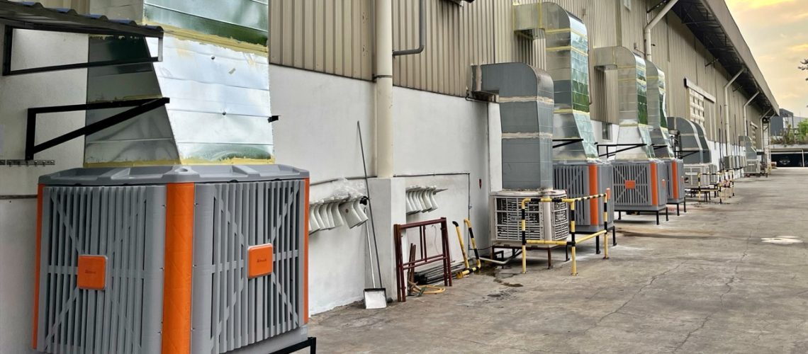 Fixed type evaporative air coolers installed for factory cooling in Malaysia