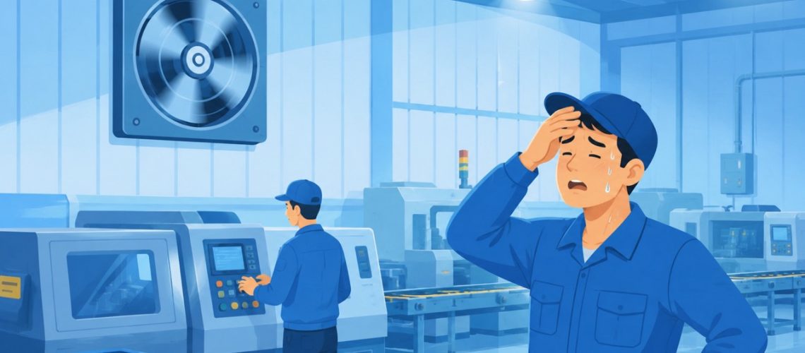 Cartoon illustration of a factory worker feeling hot on a closed production floor with an exhaust fan running