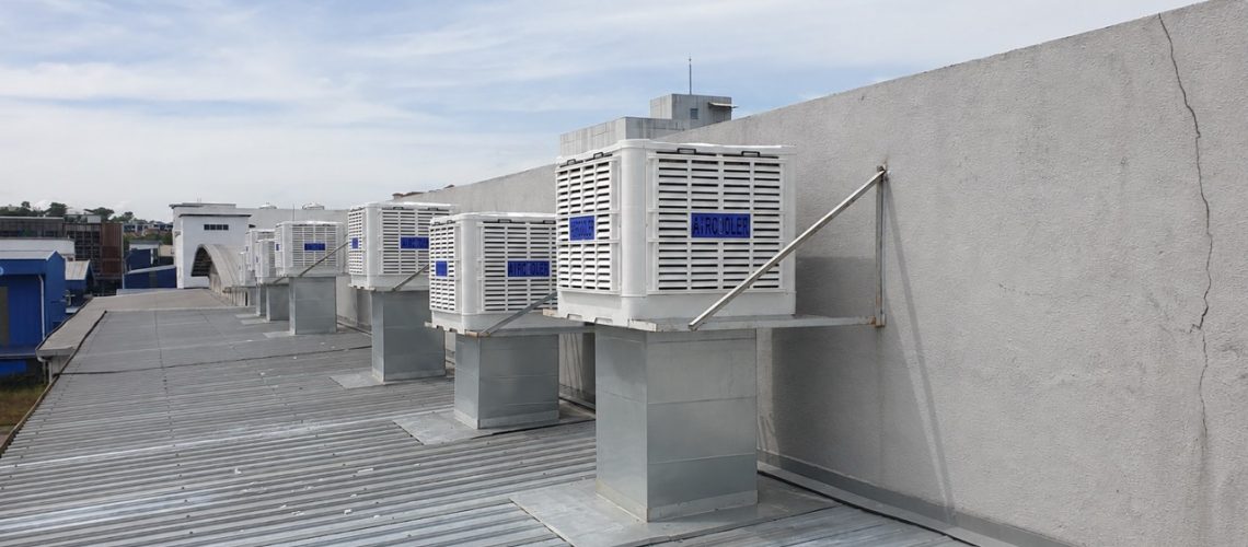 Rooftop industrial air coolers installed for a factory cooling system in Malaysia