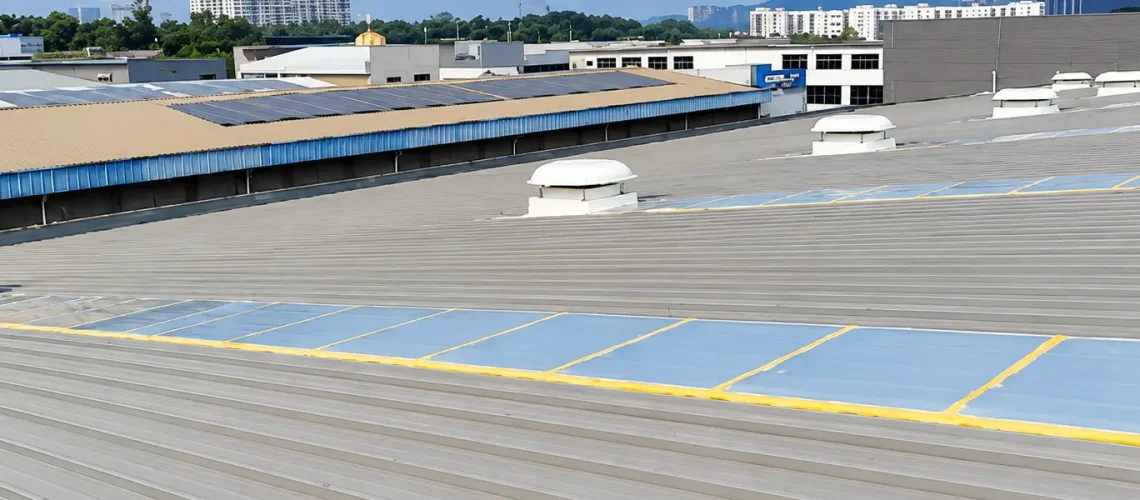 Powered rooftop exhaust fans installed on a factory roof for mechanical hot air extraction.