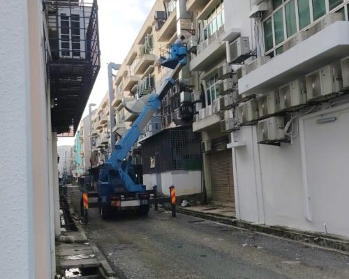 Skylift accessing high-level kitchen exhaust fan motor and external ducting