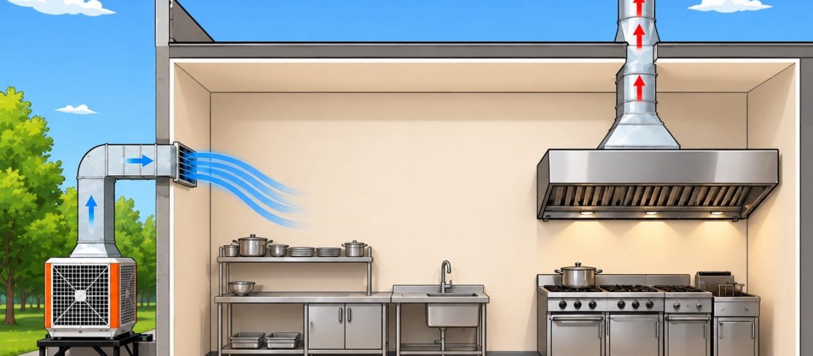 Commercial kitchen exhaust hood with make-up air supply for restaurant ventilation in Malaysia