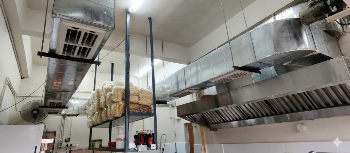 Custom 9ft stainless steel kitchen exhaust hood and ducting system installation by CrystalAir in KL.