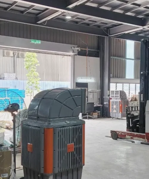 CrystalAir PC-150 portable air cooler used for localised cooling beneath a factory mezzanine floor.
